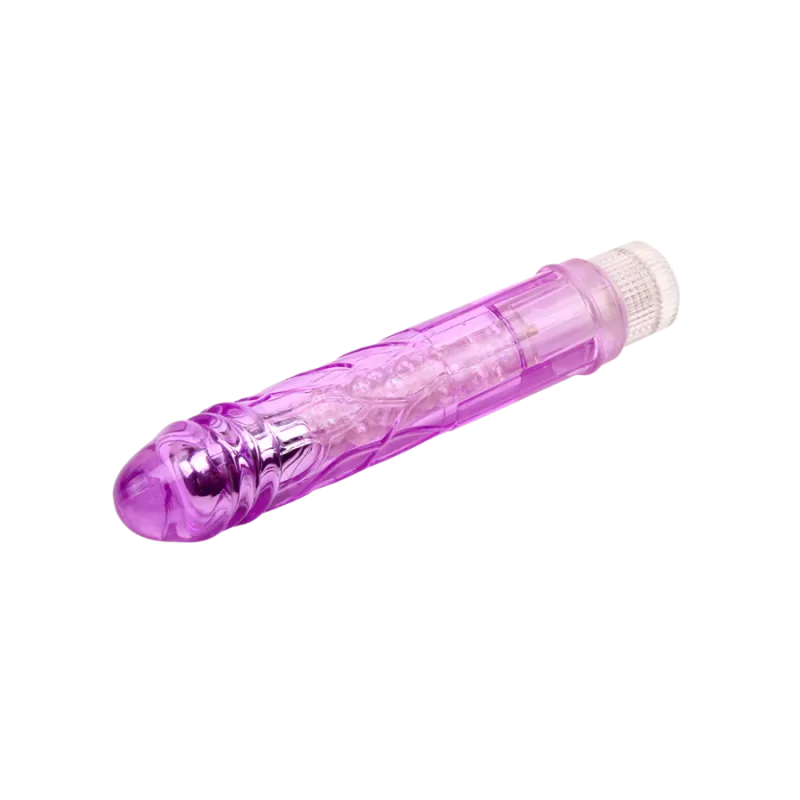 Vibrador jelly morado con glitters vista lateral