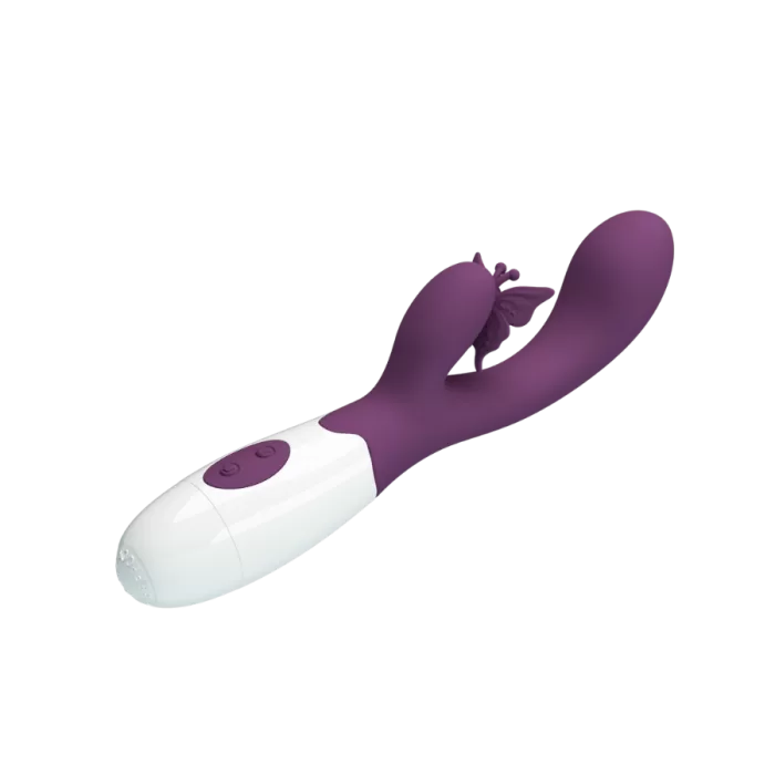 DE COSTADO Vibrador rabbit Pretty Love Butterfly Kiss morado con estimulador externo tipo mariposa