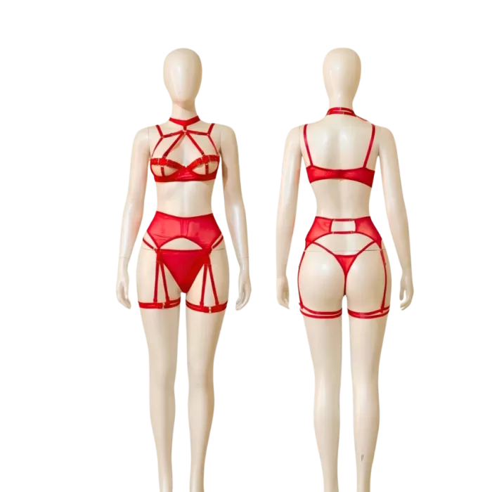 Vista frontal y posterior del conjunto de lencería roja con ligueros