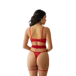 Vista posterior del conjunto de lencería roja con trusa hilo y ligas ajustables